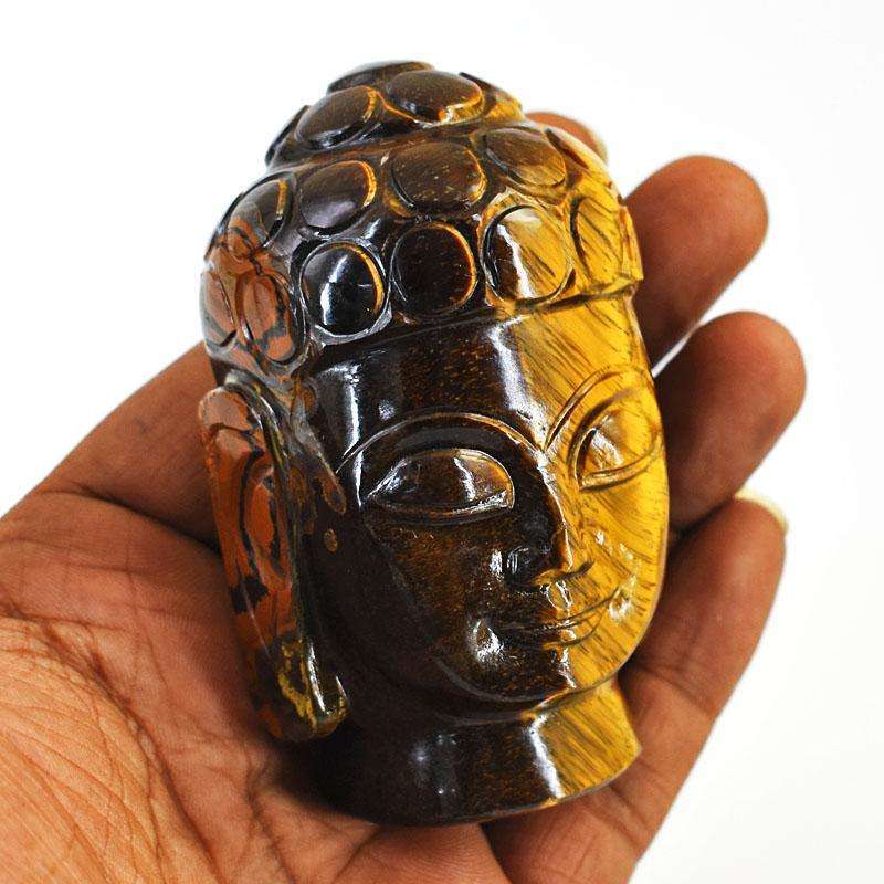 gemsmore:Genuine Tiger Eye Hand Carved Genuine Crystal Gemstone Carving Buddha Head