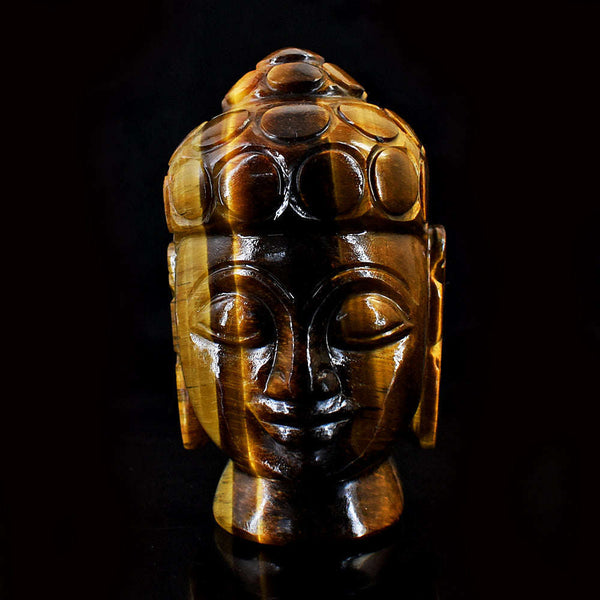 gemsmore:Genuine Tiger Eye Hand Carved Genuine Crystal Gemstone Carving Lord Buddha Head