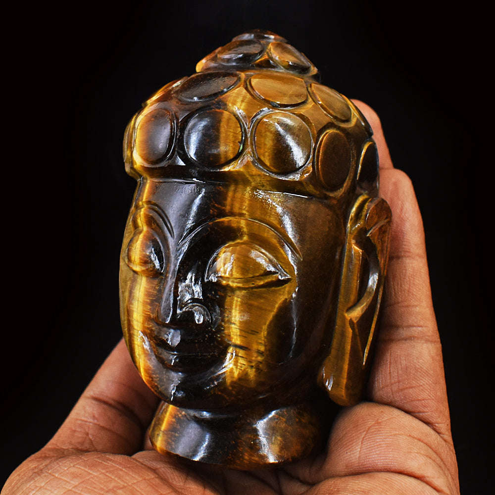 gemsmore:Genuine Tiger Eye Hand Carved Genuine Crystal Gemstone Carving Lord Buddha Head