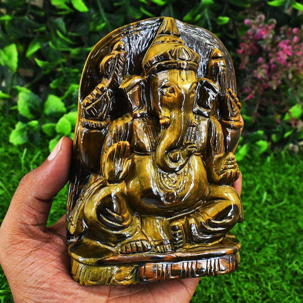 gemsmore:Genuine Tiger Eye Hand Carved Genuine Crystal Gemstone Carving Lord Ganesha