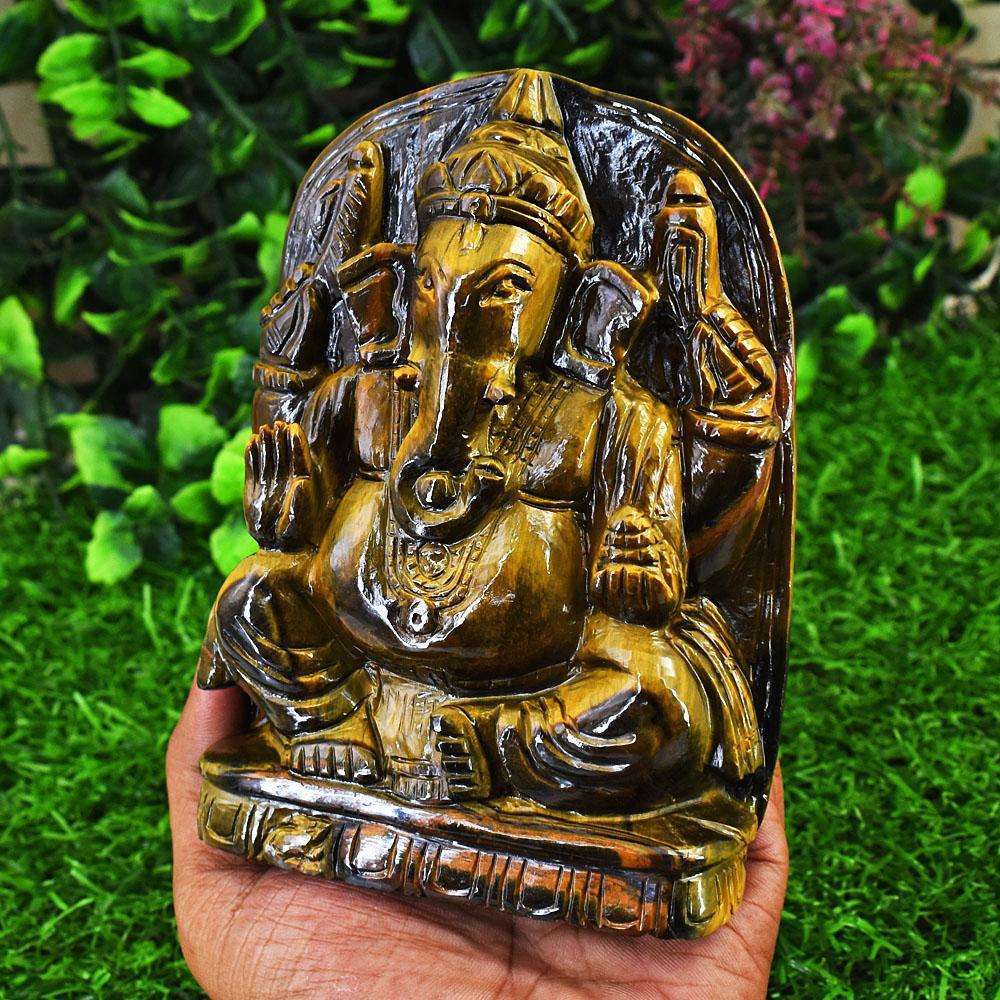 gemsmore:Genuine Tiger Eye Hand Carved Genuine Crystal Gemstone Carving Lord Ganesha