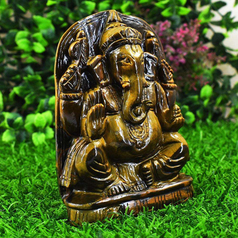 gemsmore:Genuine Tiger Eye Hand Carved Genuine Crystal Gemstone Carving Lord Ganesha