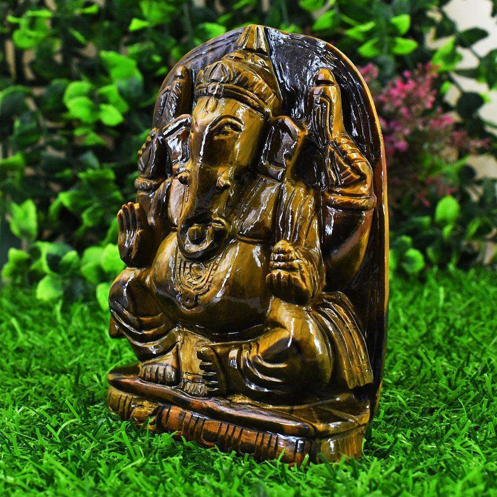 gemsmore:Genuine Tiger Eye Hand Carved Genuine Crystal Gemstone Carving Lord Ganesha