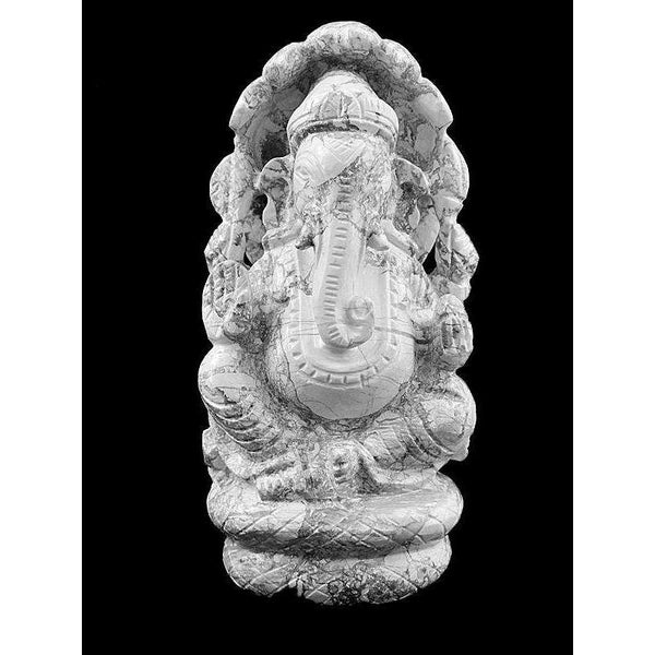 gemsmore:Genuine White Howlite Hand Carved Gemstone Lord Ganesha With Snake At Back
