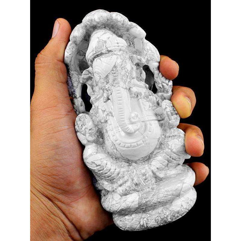 gemsmore:Genuine White Howlite Hand Carved Gemstone Lord Ganesha With Snake At Back