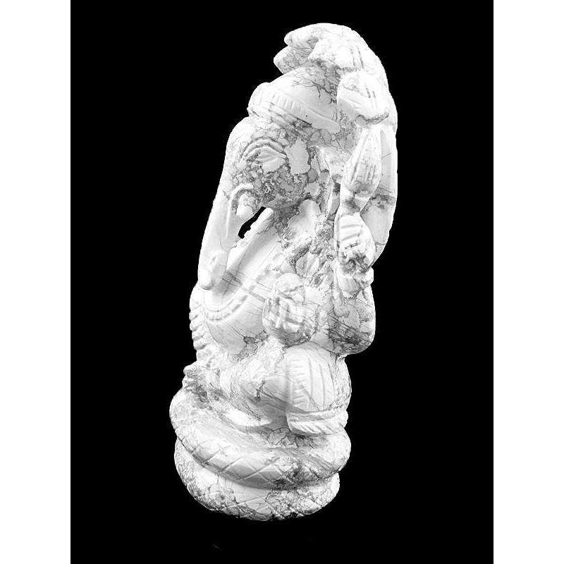 gemsmore:Genuine White Howlite Hand Carved Gemstone Lord Ganesha With Snake At Back