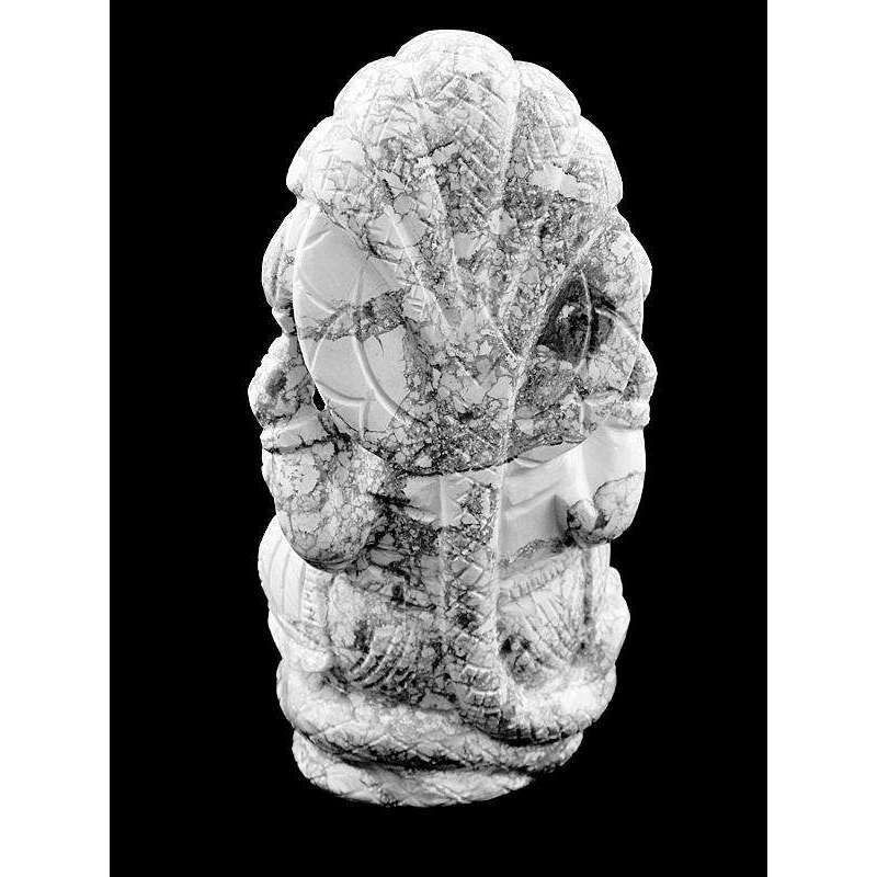 gemsmore:Genuine White Howlite Hand Carved Gemstone Lord Ganesha With Snake At Back