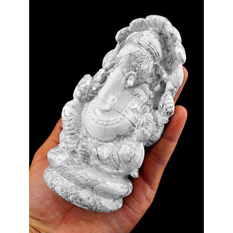 gemsmore:Genuine White Howlite Hand Carved Gemstone Lord Ganesha With Snake At Back