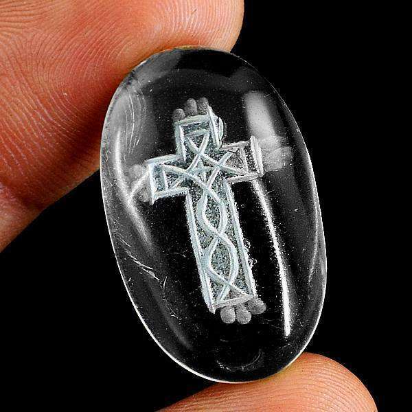 gemsmore:Genuine White Quartz Carved Cross Engraved Gemstone