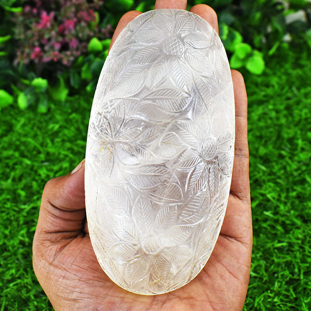 gemsmore:Genuine White Quartz Hand Carved Genuine Crystal Gemstone Carving Mughal Carved Cabochon