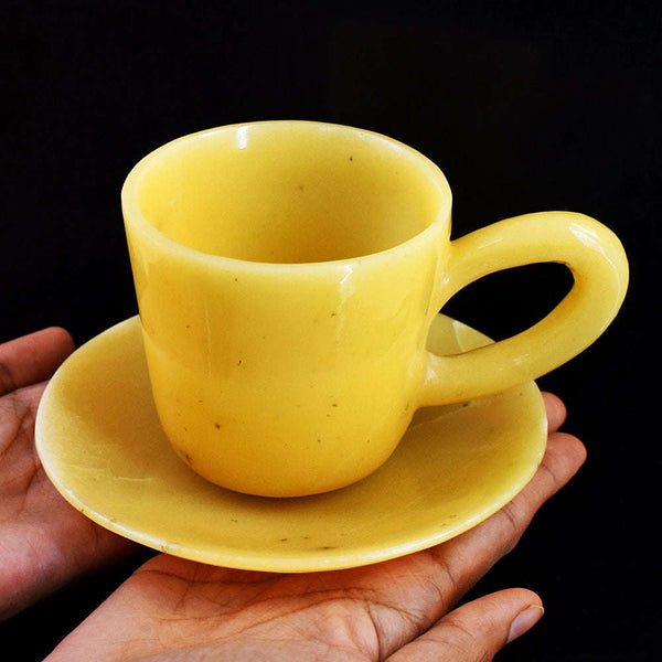 gemsmore:Genuine Yellow Agate Hand Carved Genuine Crystal Gemstone Carving Cup And Saucer Set