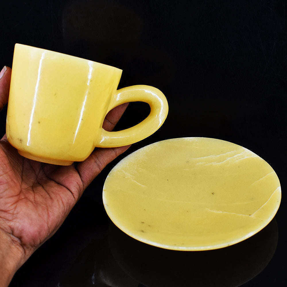 gemsmore:Genuine Yellow Agate Hand Carved Genuine Crystal Gemstone Carving Cup And Saucer Set