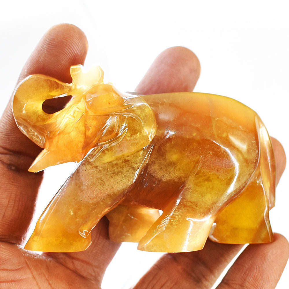 gemsmore:Genuine Yellow Fluorite Hand Carved Genuine Crystal Gemstone Carving Elephant