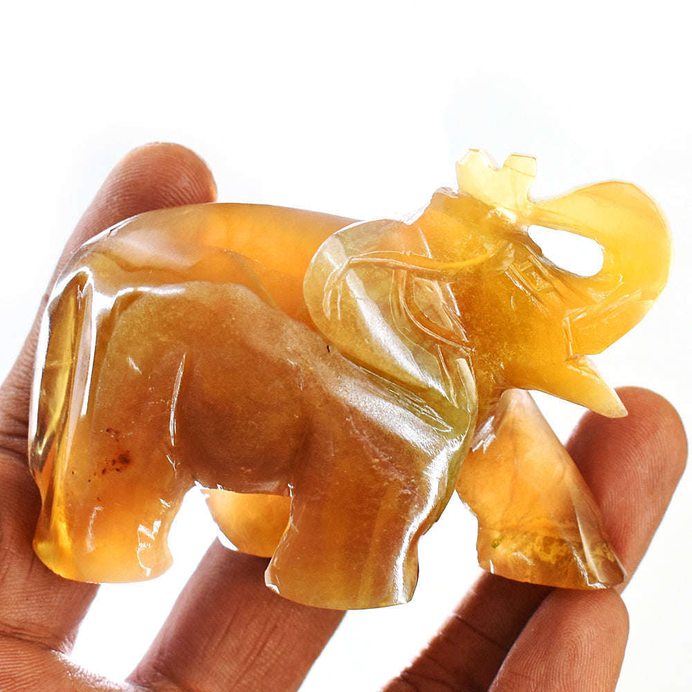 gemsmore:Genuine Yellow Fluorite Hand Carved Genuine Crystal Gemstone Carving Elephant