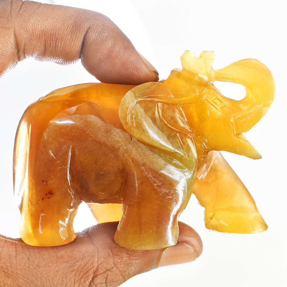 gemsmore:Genuine Yellow Fluorite Hand Carved Genuine Crystal Gemstone Carving Elephant