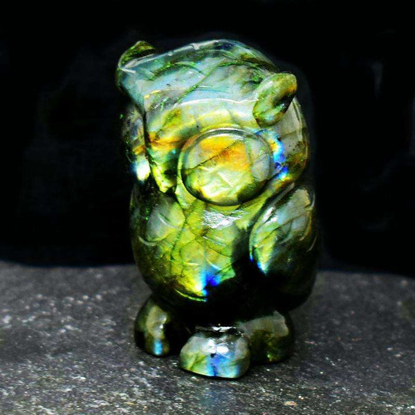 gemsmore:Golden & Blue Flash Labardorite Hand Carved Owl