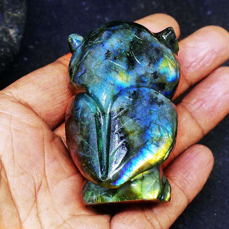 gemsmore:Golden & Blue Flash Labardorite Hand Carved Owl