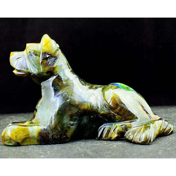 gemsmore:Golden & Blue Flash Labradorite Carved Dog