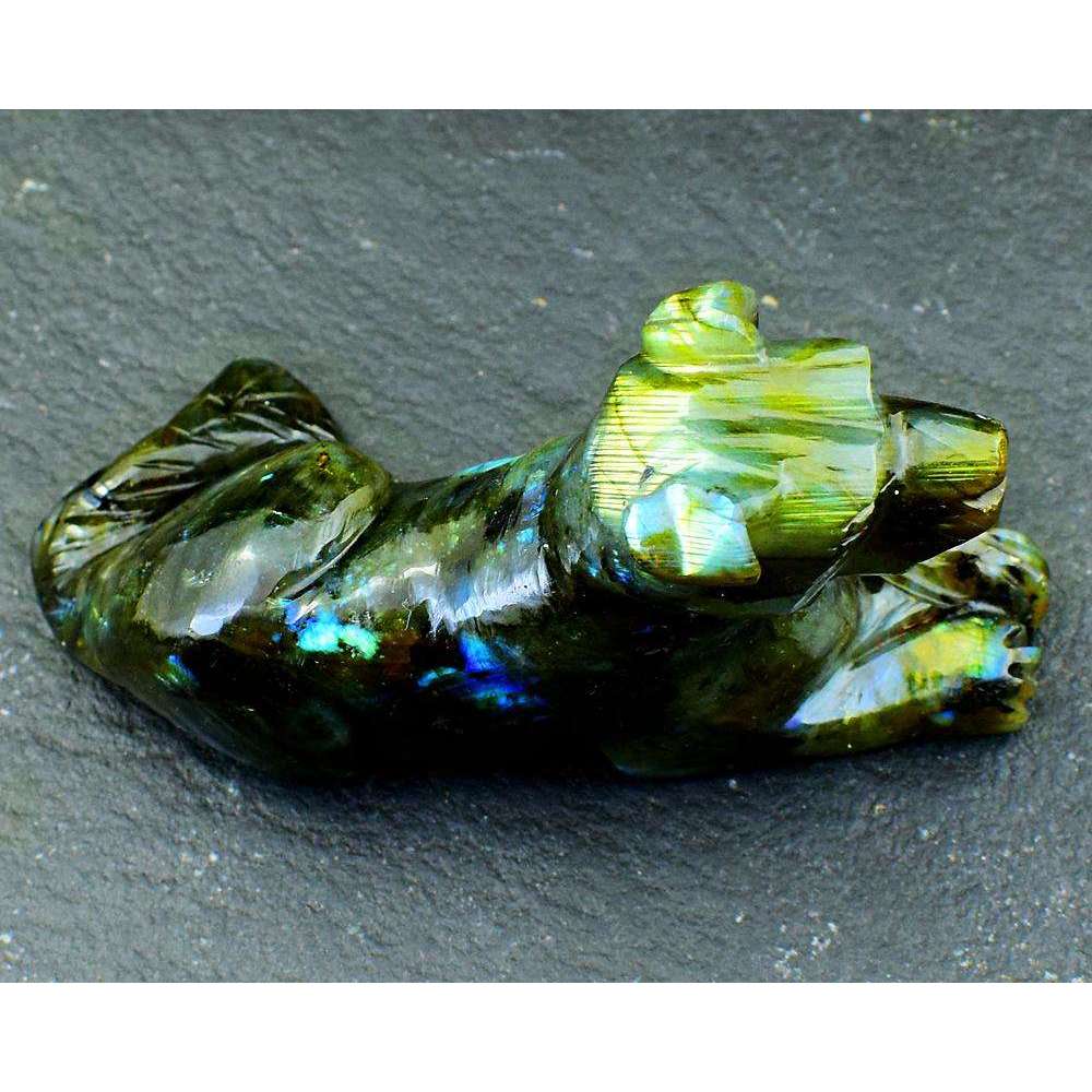 gemsmore:Golden & Blue Flash Labradorite Carved Dog