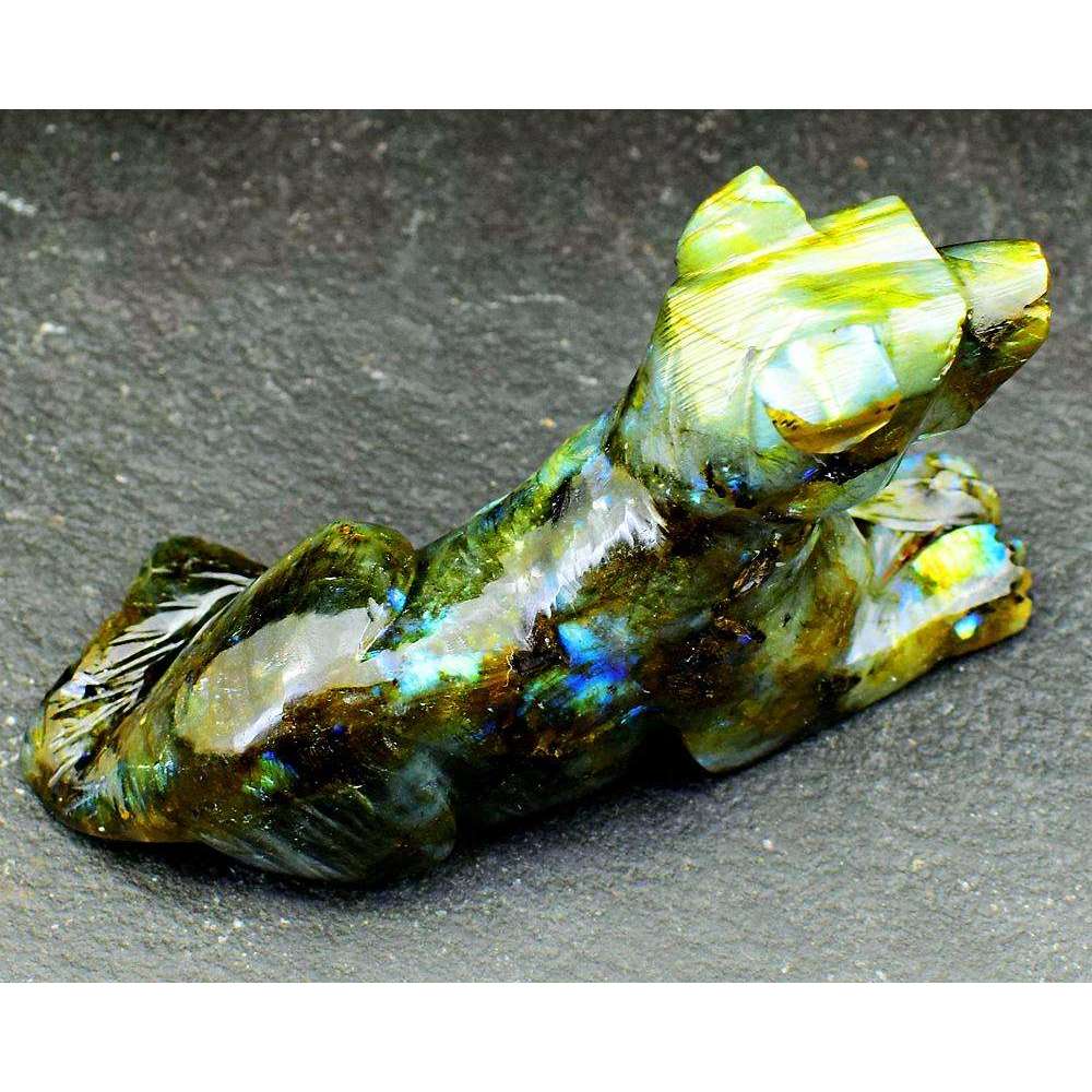 gemsmore:Golden & Blue Flash Labradorite Carved Dog