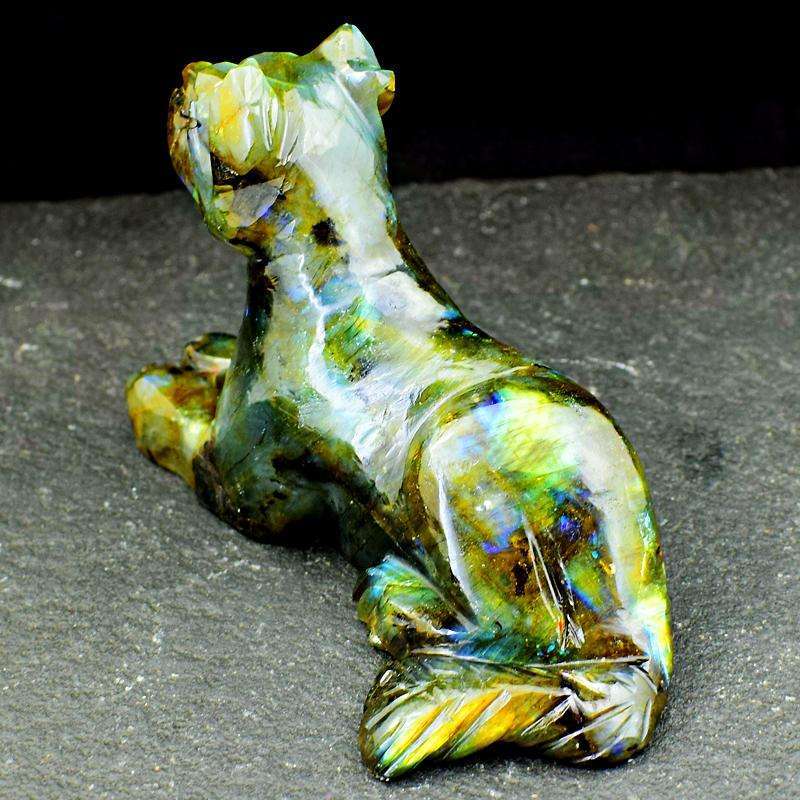 gemsmore:Golden & Blue Flash Labradorite Carved Dog