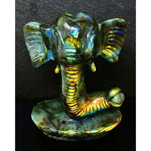 gemsmore:Golden & Blue Flash Labradorite Carved Ganesha Head