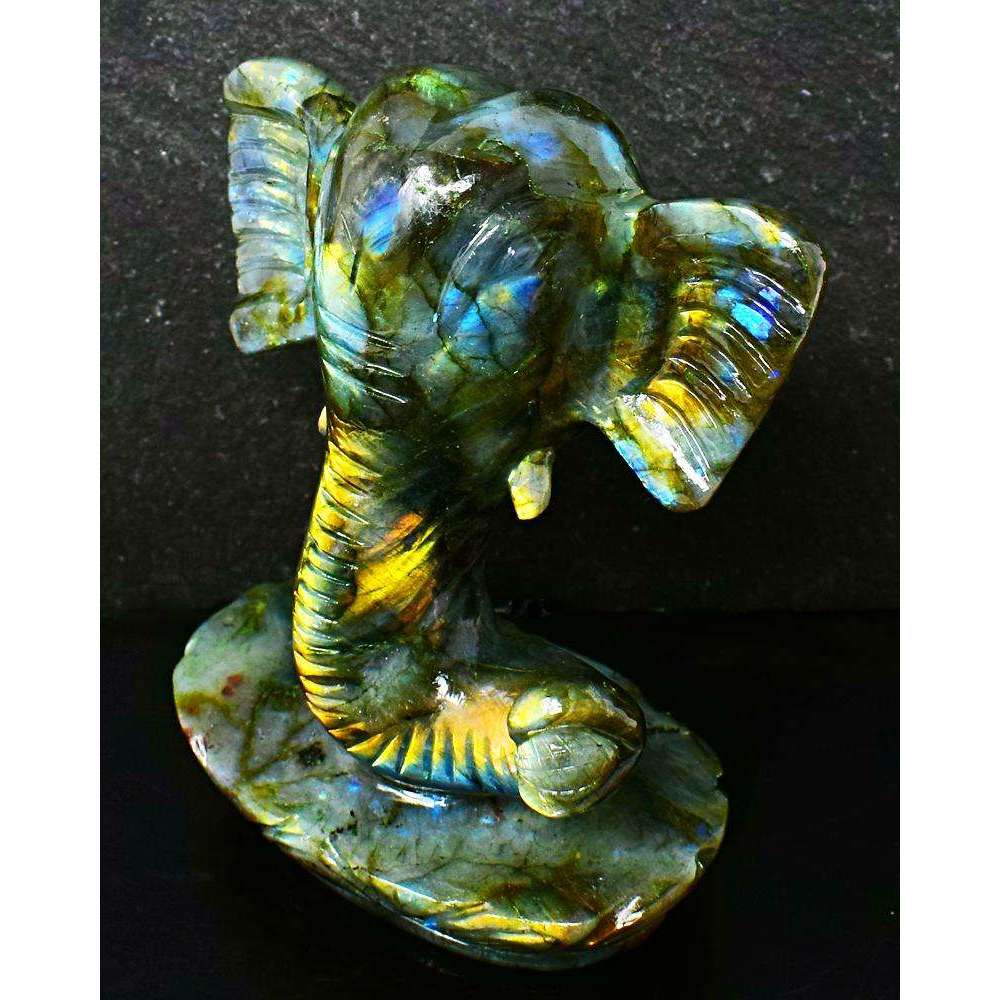 gemsmore:Golden & Blue Flash Labradorite Carved Ganesha Head