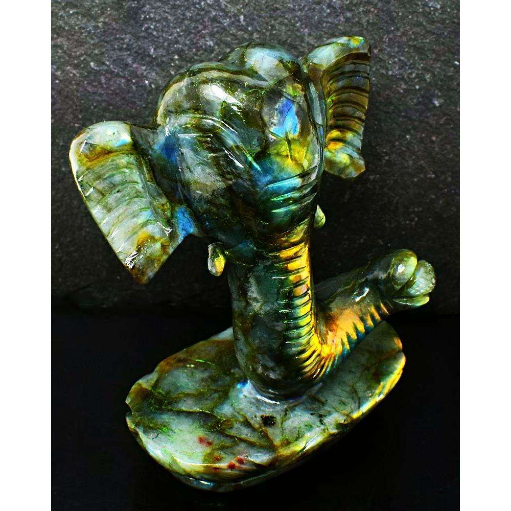 gemsmore:Golden & Blue Flash Labradorite Carved Ganesha Head