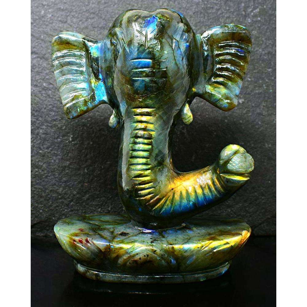 gemsmore:Golden & Blue Flash Labradorite Carved Ganesha Head