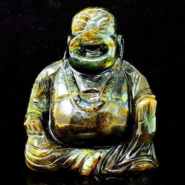 gemsmore:Golden & Blue Flash Labradorite Carved Laughing Buddha