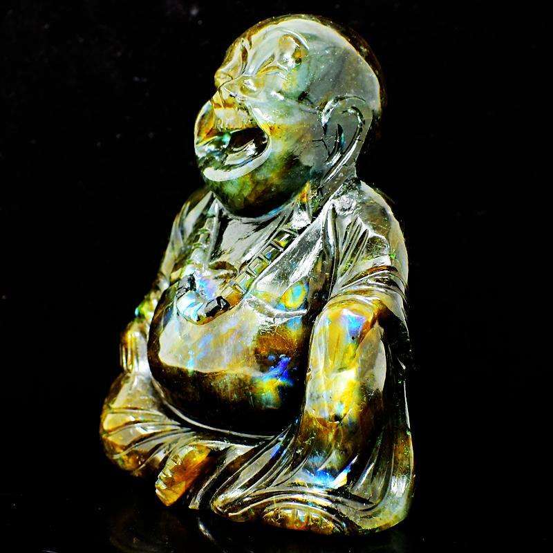 gemsmore:Golden & Blue Flash Labradorite Carved Laughing Buddha