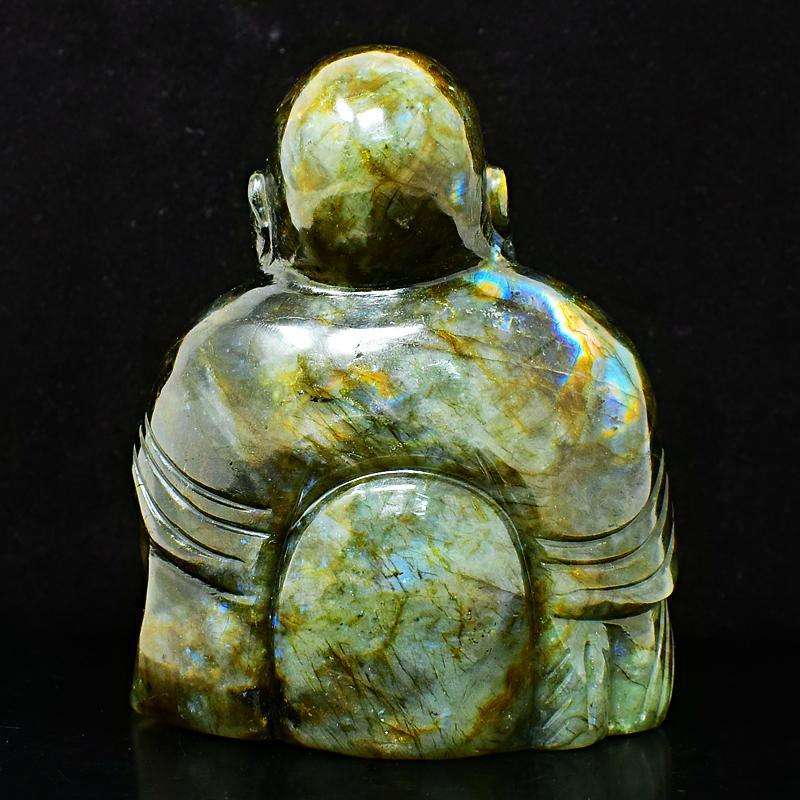 gemsmore:Golden & Blue Flash Labradorite Carved Laughing Buddha