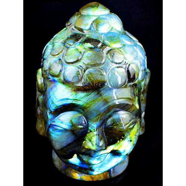 gemsmore:Golden & Blue Flash Labradorite Carved Lord Buddha Head