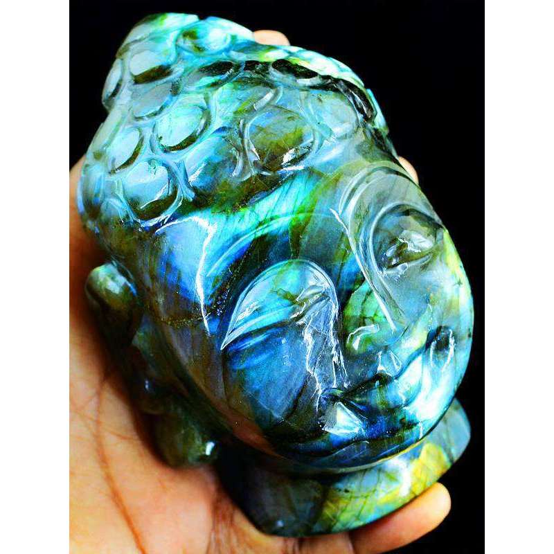 gemsmore:Golden & Blue Flash Labradorite Carved Lord Buddha Head