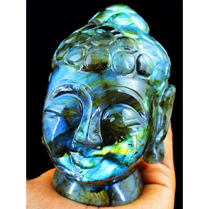 gemsmore:Golden & Blue Flash Labradorite Carved Lord Buddha Head