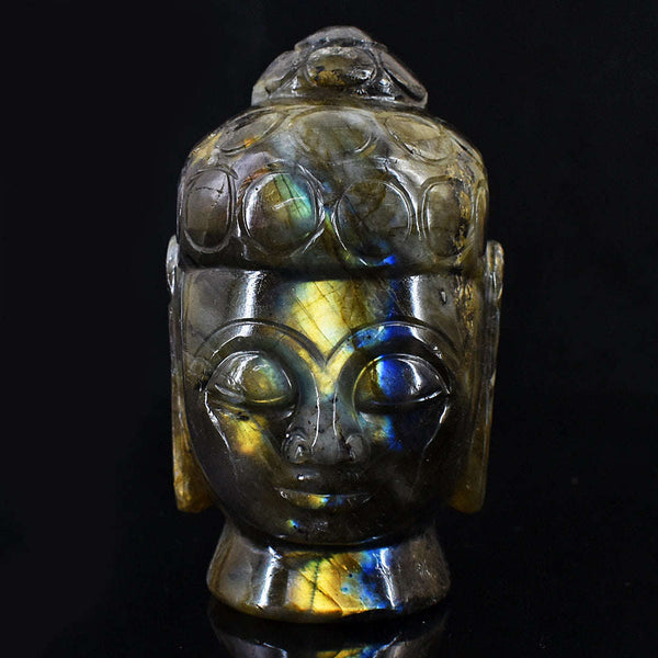 gemsmore:Golden & Blue Flash Labradorite Carved Lord Buddha Head Idol