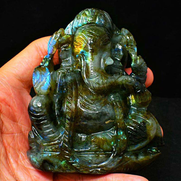 gemsmore:Golden & Blue Flash Labradorite Carved Lord Ganesha Idol