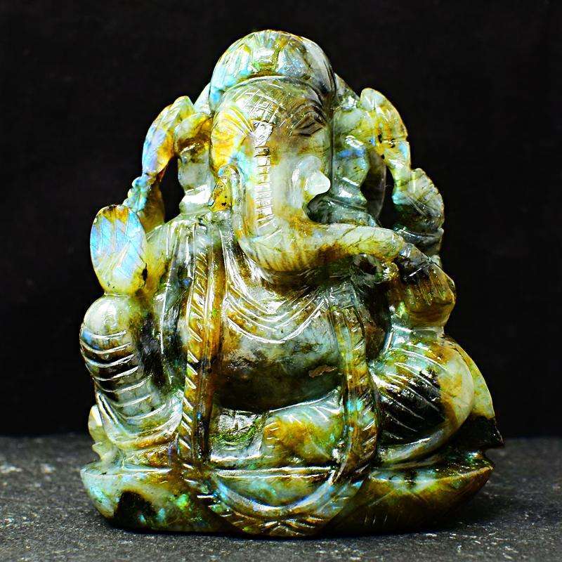 gemsmore:Golden & Blue Flash Labradorite Carved Lord Ganesha Idol
