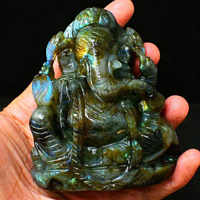 gemsmore:Golden & Blue Flash Labradorite Carved Lord Ganesha Idol