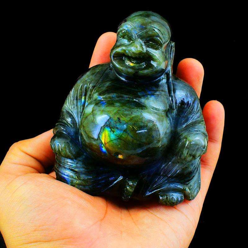 gemsmore:Golden & Blue Flash Labradorite Gemstone Carved Laughing Buddha Idol