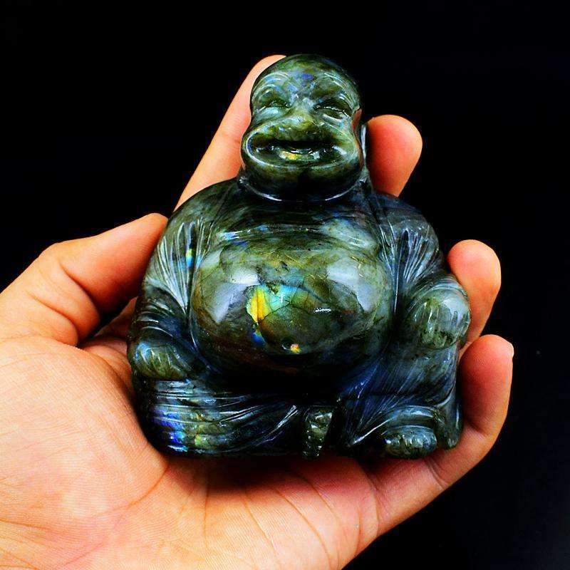 gemsmore:Golden & Blue Flash Labradorite Gemstone Carved Laughing Buddha Idol