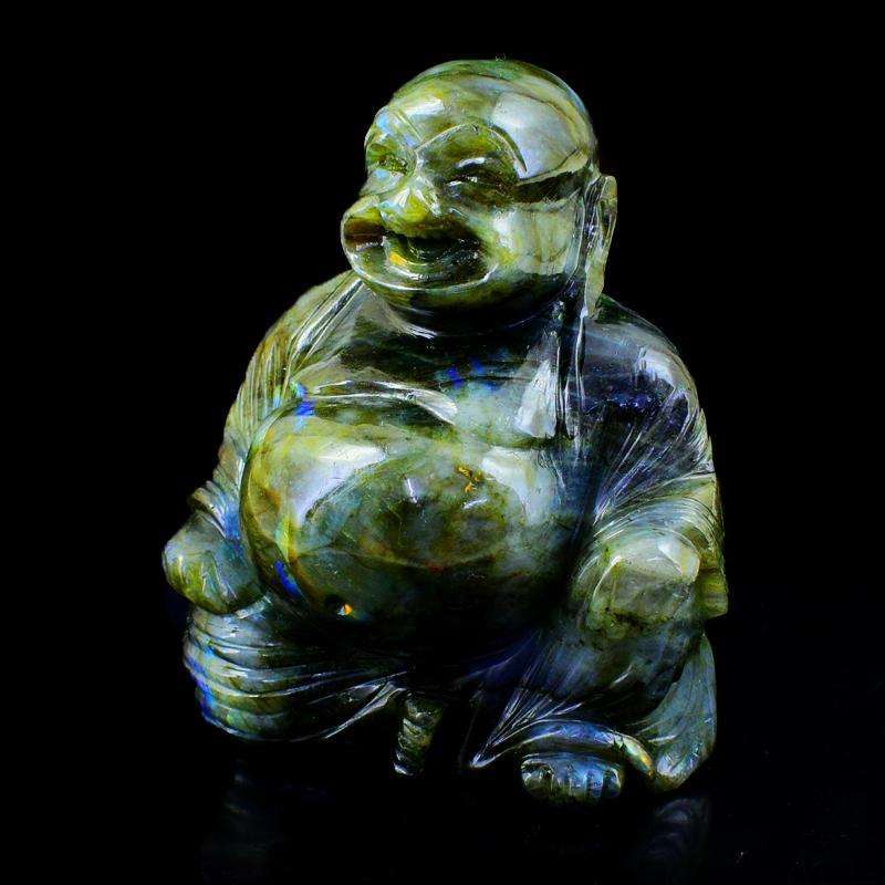 gemsmore:Golden & Blue Flash Labradorite Gemstone Carved Laughing Buddha Idol