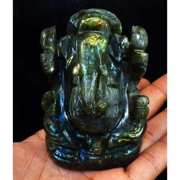 gemsmore:Golden & Blue Flash Labradorite Gemstone Carved Lord Ganesha Idol