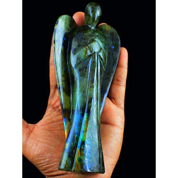 gemsmore:Golden & Blue Flash Labradorite Hand Carved Healing Angel