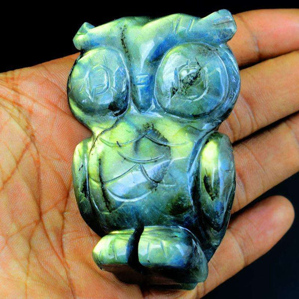 gemsmore:Golden & Blue Flash Labradorite Hand Carved Owl Gemstone