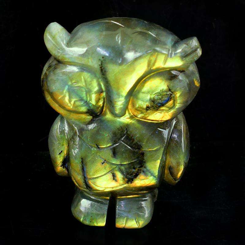 gemsmore:Golden & Blue Flash Labradorite Hand Carved Owl Gemstone