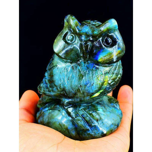 gemsmore:Golden & Blue Flash Labradorite Hand Carved Owl