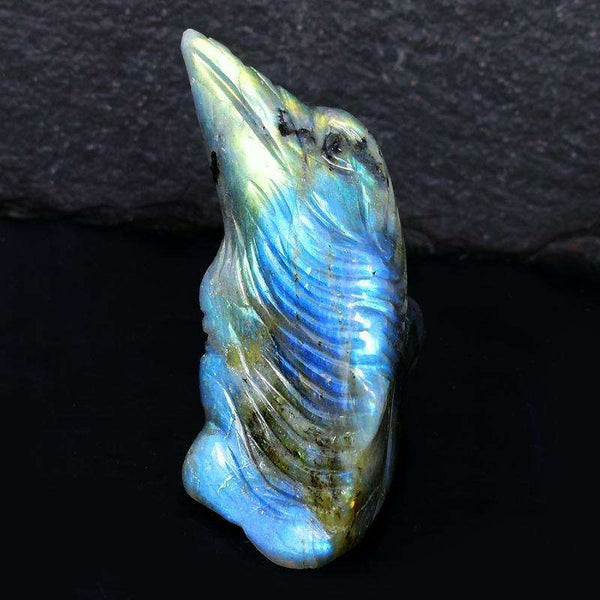 gemsmore:Golden & Blue Flash Labradorite Hand Carved Penguin Head