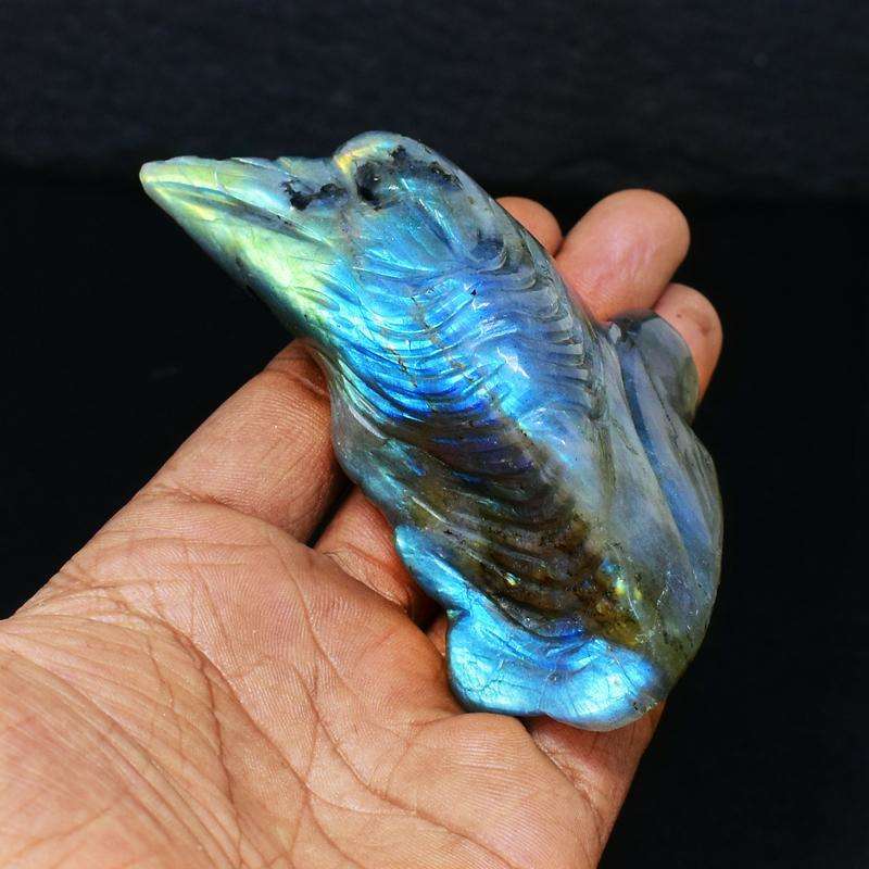 gemsmore:Golden & Blue Flash Labradorite Hand Carved Penguin Head