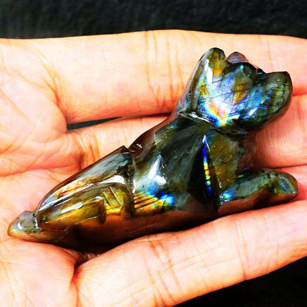 gemsmore:Golden & Blue Flash Labrdaorite Hand Carved Dog